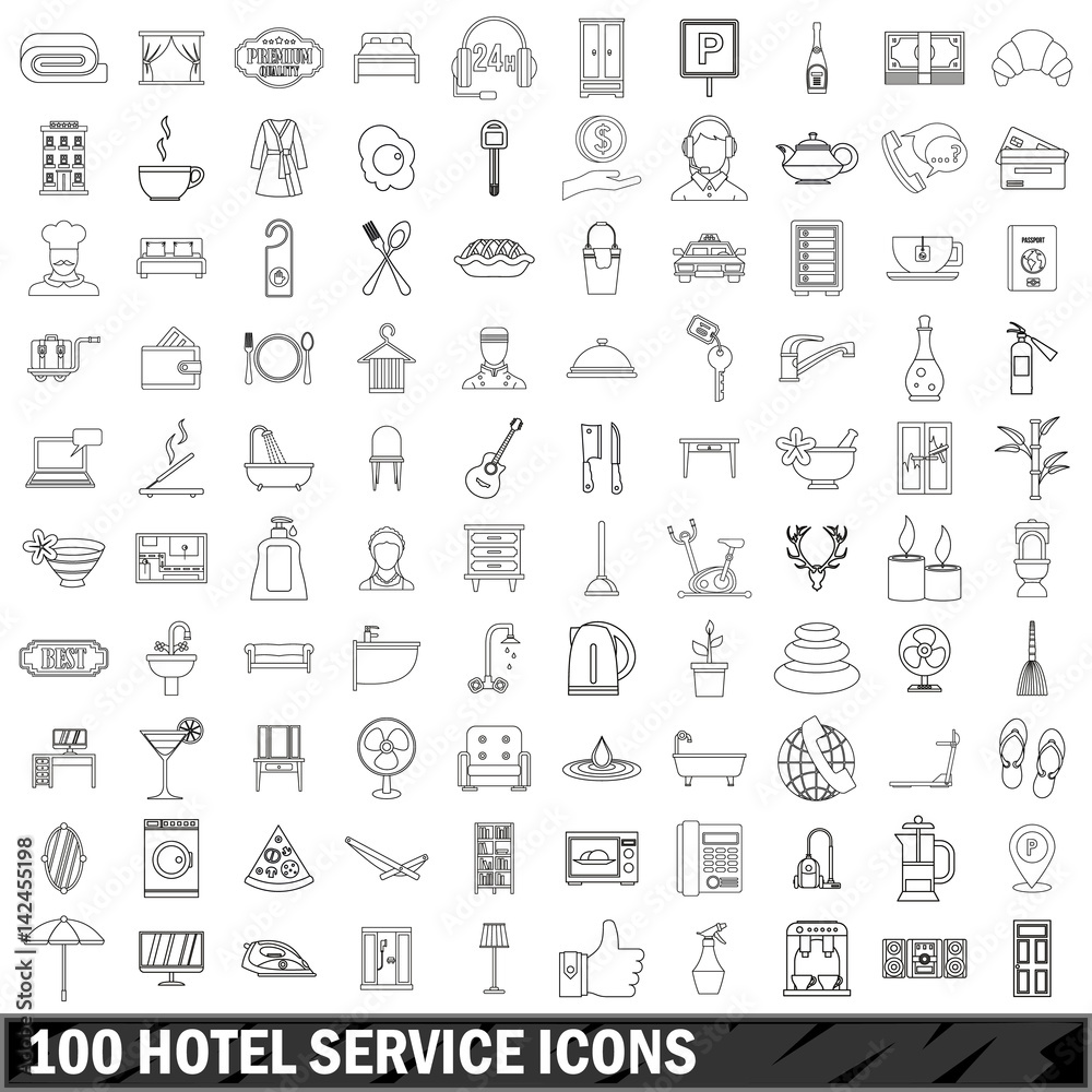100 hotel service icons set, outline style 100 hotel service icons set, outline style