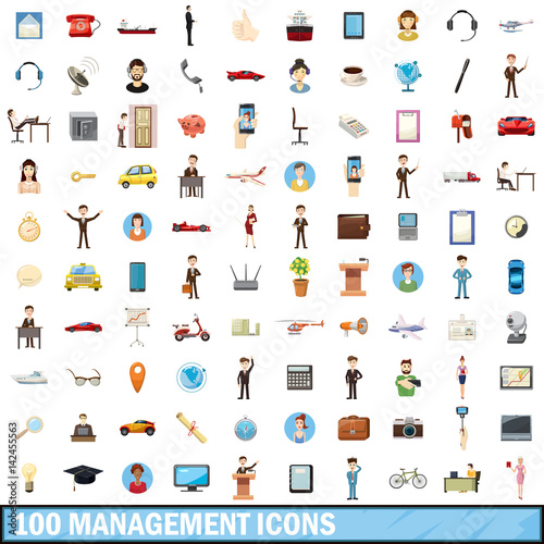 100 management icons set, cartoon style