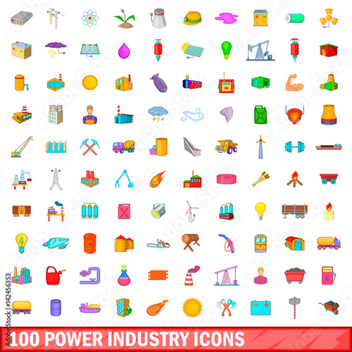 100 power industry icons set, cartoon style