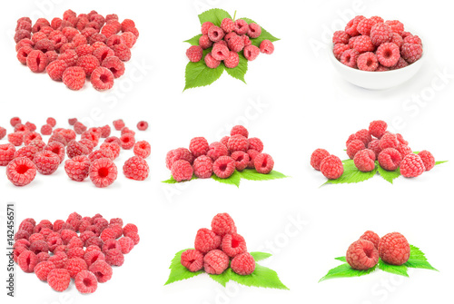 Collage of ripe red raspberries on a white background clipping path