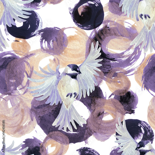 Abstract watercolor golden and purple circles with birds