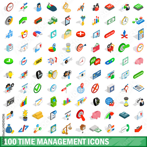 Fototapeta Naklejka Na Ścianę i Meble -  100 time management icons set, isometric 3d style