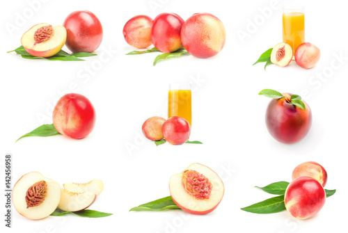 Collection of fresh peaches fruits over a white background