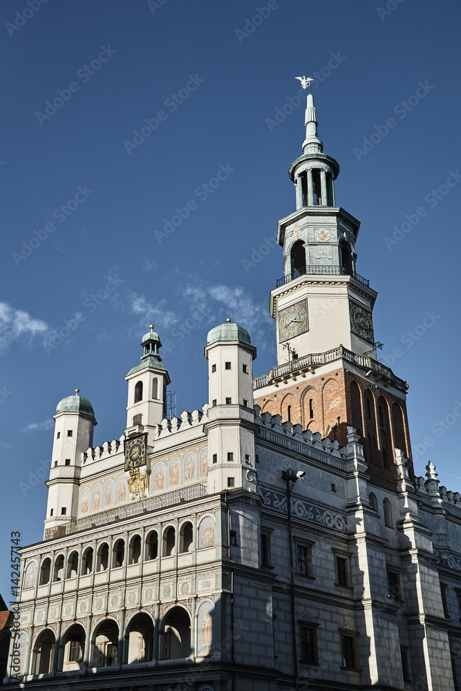 Renaissance town hall tower with clock in Poznan.