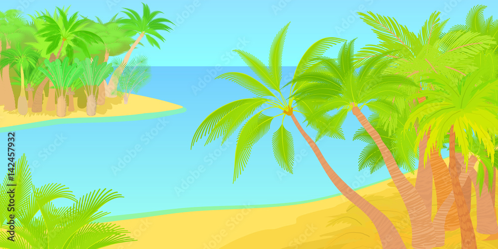 Palms horizontal banner island, cartoon style