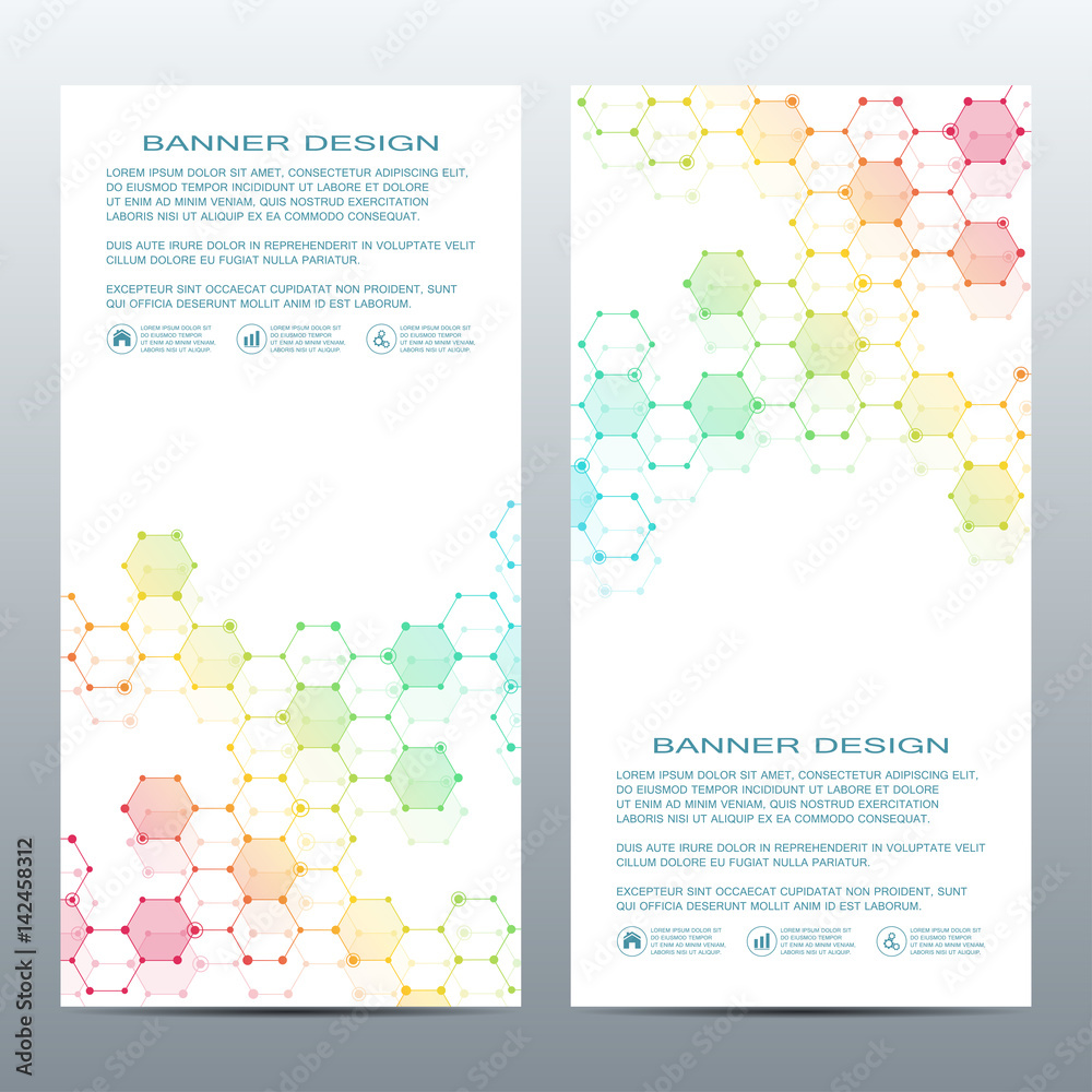 2 of modern vertical scientific banners. Molecular structure of DNA and neurons. Geometric abstract background. Medicine, science, technology, business and website templates. Vector illustration