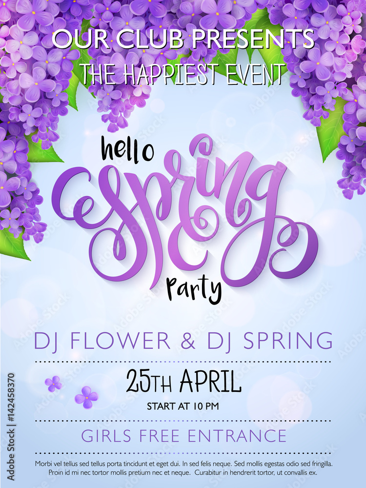 Naklejka premium Vector spring party poster with lettering and lilac flowers