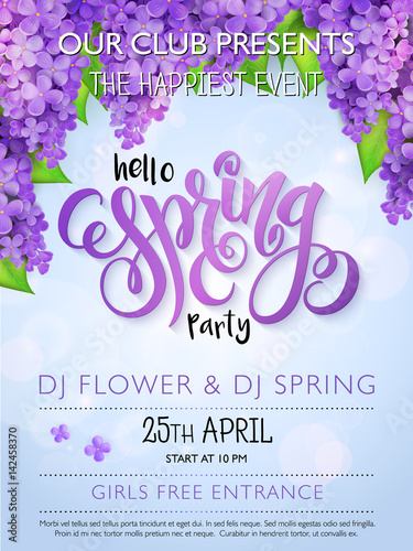 Vector spring party poster with lettering and lilac flowers