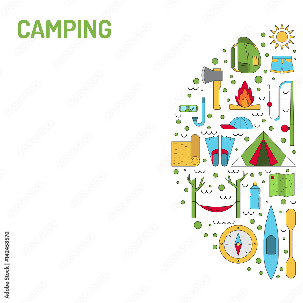 Vector linear icons on the topic of camping and Hiking in the wild, forest, lake, mountains, painted in a linear style. Vector linear icons on the topic of camping and Hiking in the wild, forest, lake, mountains, painted in a linear style.