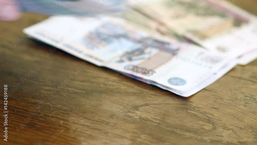 Man Counting Rubles. Russian Banknotes. Sunny Day.