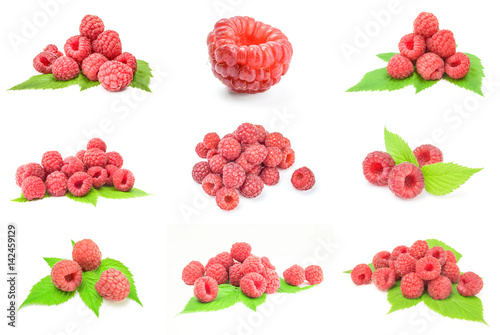 Collage of ripe raspberries over a white background
