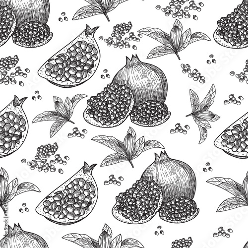 Seamless pattern Hand drawn sketch style pomegranates with seeds and leafs. Sketch style vector illustration. Organic food vector.
