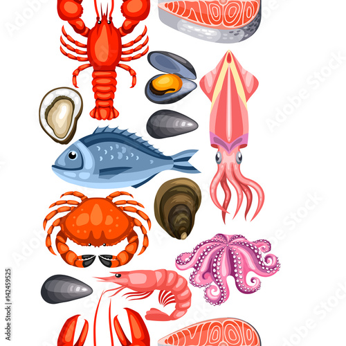 Seamless pattern with various seafood. Illustration of fish  shellfish and crustaceans