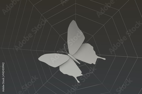 3d rendering van vlinder die vastzit in een spinnenweb