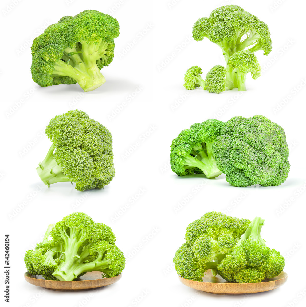 Collage of fresh raw broccoli isolated on a white background with clipping path Collage of fresh raw broccoli isolated on a white background with clipping path