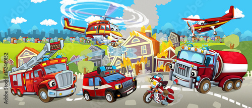 Fototapeta Naklejka Na Ścianę i Meble -  Cartoon stage with different machines for firefighting - colorful and cheerful scene