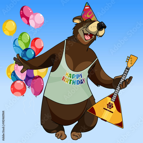 cartoon character happy bear with a balalaika on holiday