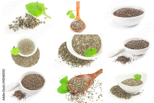 Set of organic dry chia seeds isolated on white