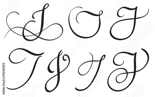 set of art calligraphy letter J with flourish of vintage decorative whorls. Vector illustration EPS10