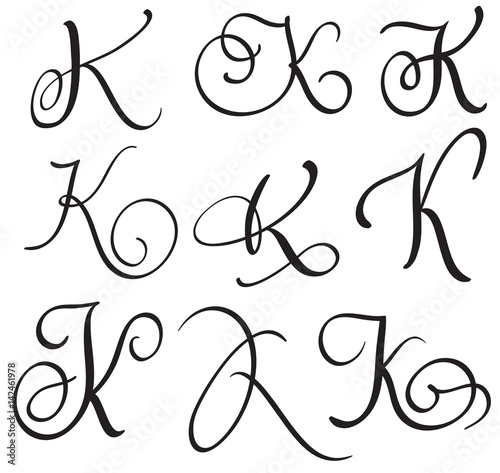 set of art calligraphy letter K with flourish of vintage decorative whorls. Vector illustration EPS10