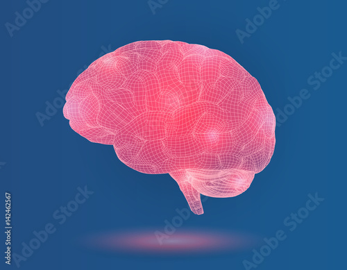3D wireframe brain with glowing point on blue BG