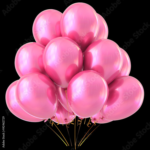 Pink balloons happy birthday party decoration glossy. Holiday anniversary celebrate wedding honeymoon valentine's day carnival marriage greeting card design element. 3D illustration isolated on black