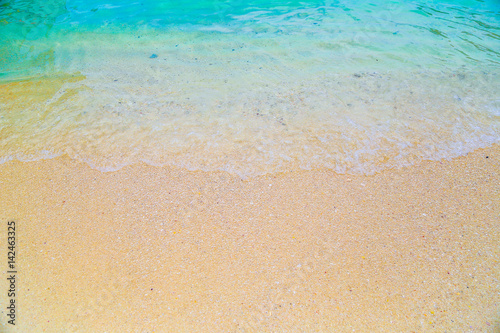Thailand summer travel sea wave, at sea beach Krabi Phi Phi Island Phuket park on white sand blue sky emerald green ocean water. space for texture