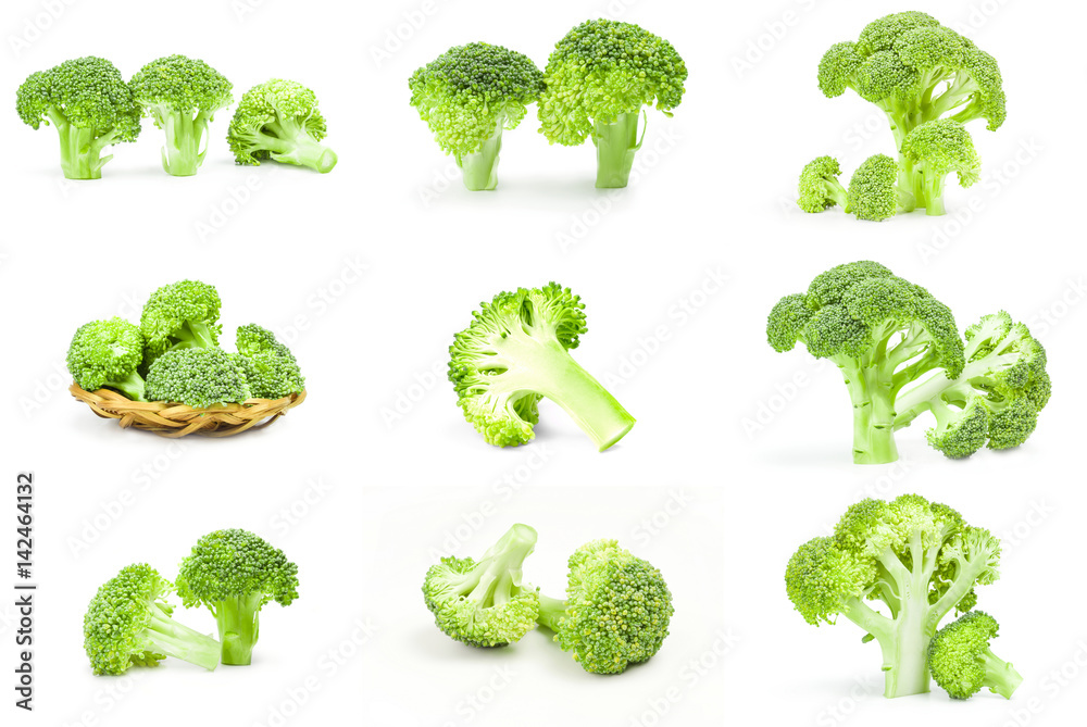 Collection of fresh raw broccoli close-up isolated on white background Collection of fresh raw broccoli close-up isolated on white background