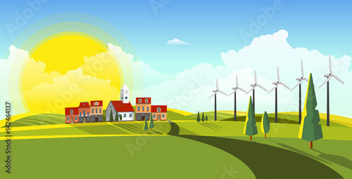 Beautiful vector landscape with eco windturbines.