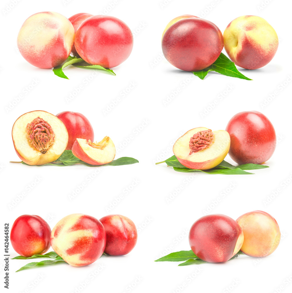Collage of isolated peaches isolated on a white background with clipping path Collage of isolated peaches isolated on a white background with clipping path