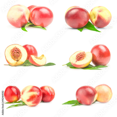Collage of isolated peaches isolated on a white background with clipping path