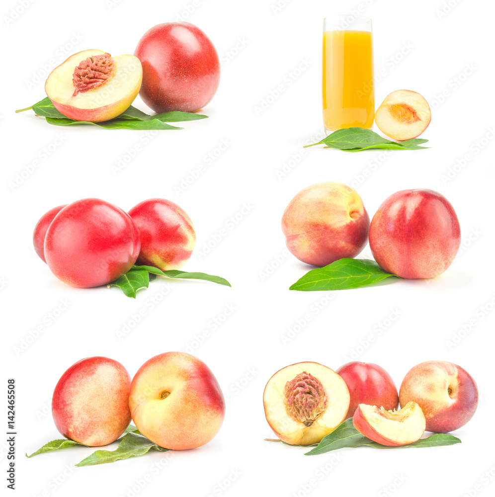 Group of fresh peaches fruits over a white background Group of fresh peaches fruits over a white background