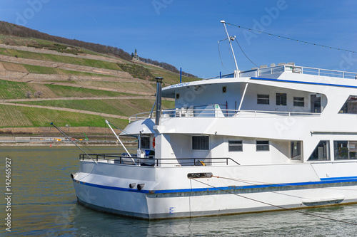 Excursion boat trip on the Rhine near Bingen Ruedesheim in the world cultural heritage middle Rhine valley