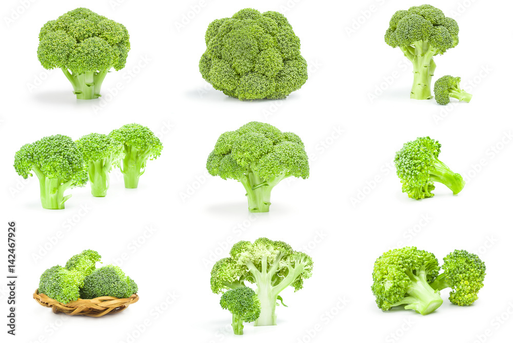 Collection of fresh green broccoli isolated on a white background cutout Collection of fresh green broccoli isolated on a white background cutout