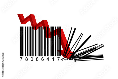 Illustration price cut concept Red Arrow falling on Bar code