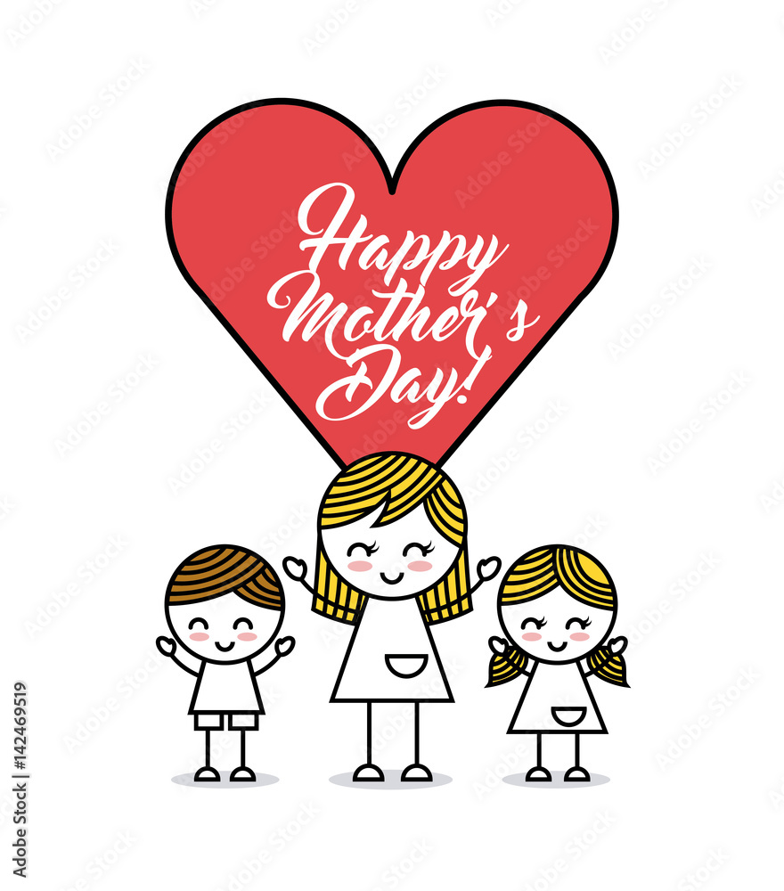 happy Mothers day card with girls and heart  icon over white background. colorful design. vector illustration