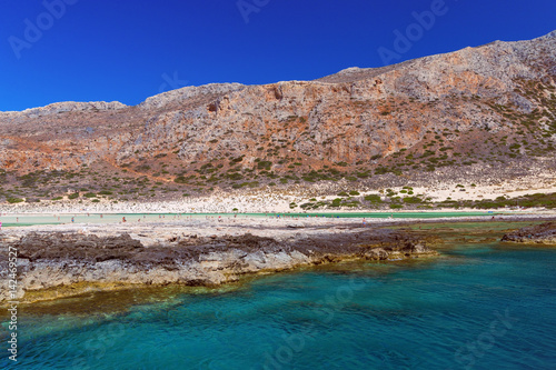 View from hight of Balos beach. Grecce, Crete, Europe. Blue lagoon. Beautiful seascape.