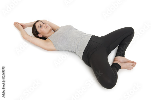 Yoga woman gray_supta baddha konasana_right photo