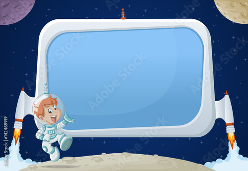 Futuristic rocket screen board with astronaut cartoon boy in the space.
