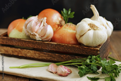 Vegetables. Onions, garlic, parsley
