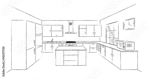Sketch hand drawing kitchen interior plan with island. Vector kitchen project illustration in perspective. Brush line draw design.