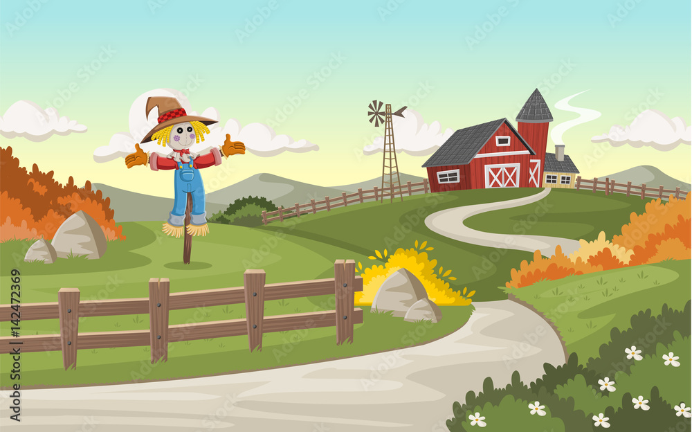 Cartoon farm with big barn and scarecrow
