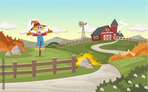 Fototapeta Naklejka Na Ścianę i Meble -  Cartoon farm with big barn and scarecrow
