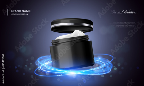 Cosmetic package advertising vector cream jar premium black glitter background