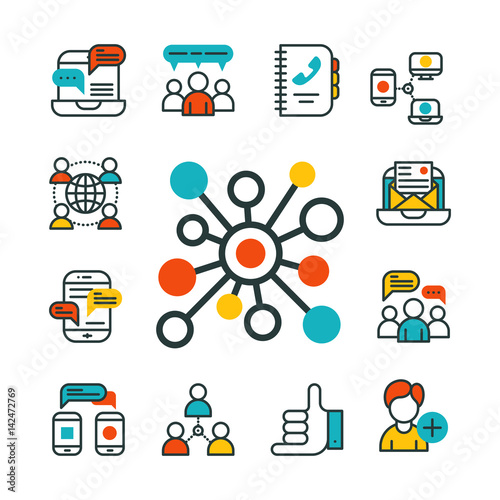 Thin lines connection icons outline set of big data center group cloud computing system internet protection password access technical instrument vector illustration.