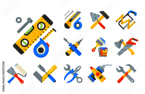 Fototapeta Naklejka Na Ścianę i Meble -  Home repair tools icons working construction equipment set and service worker macter box flat style isolated on white background vector illustration.