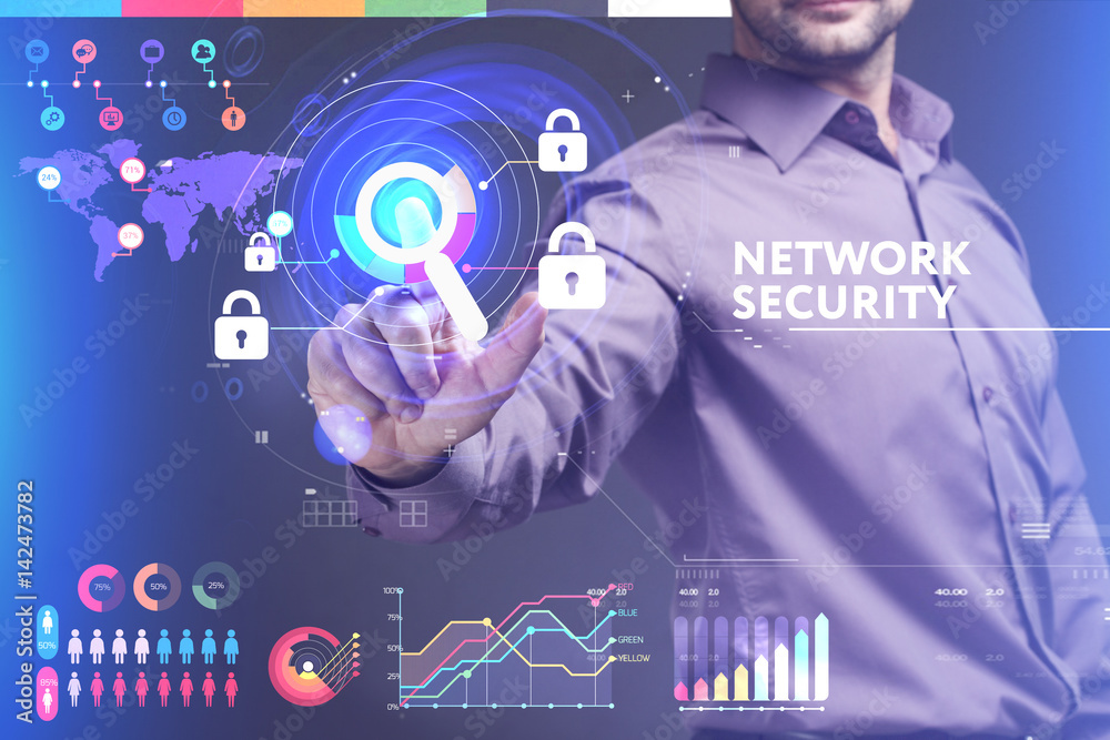 Business, Technology, Internet and network concept. Young businessman working on a virtual screen of the future and sees the inscription: Network security Business, Technology, Internet and network concept. Young businessman working on a virtual screen of the future and sees the inscription: Network security