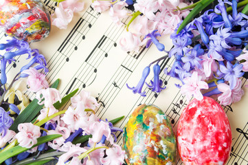 Painted Easter eggs and hyacinth flowers