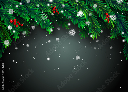 New Year background with fir branches and snowflakes