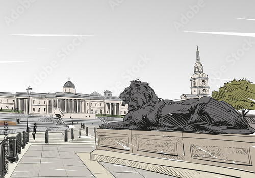 London city landmarks. Hand drawn Trafalgar Square.Great Britain. Vector illustration
